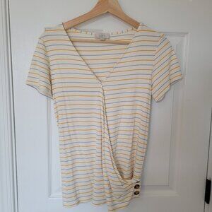 LOFT Ribbed Wrap Tee Shirt Cream Yellow Blue size xs